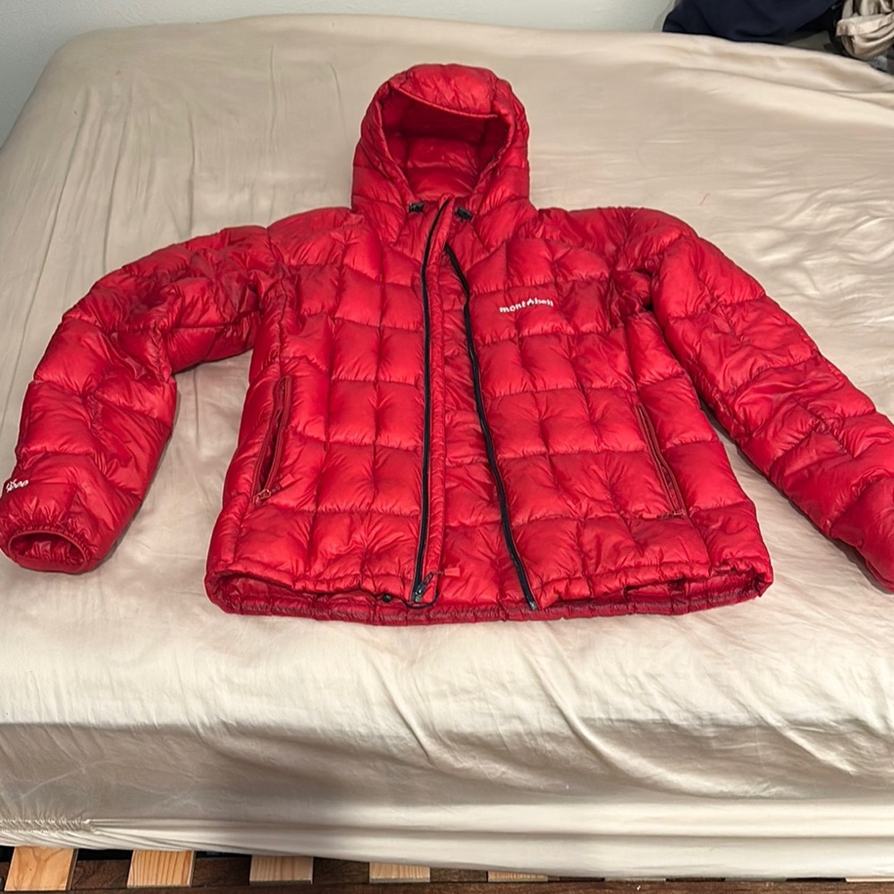 Montbell Red Puffer Jacket with Hood.